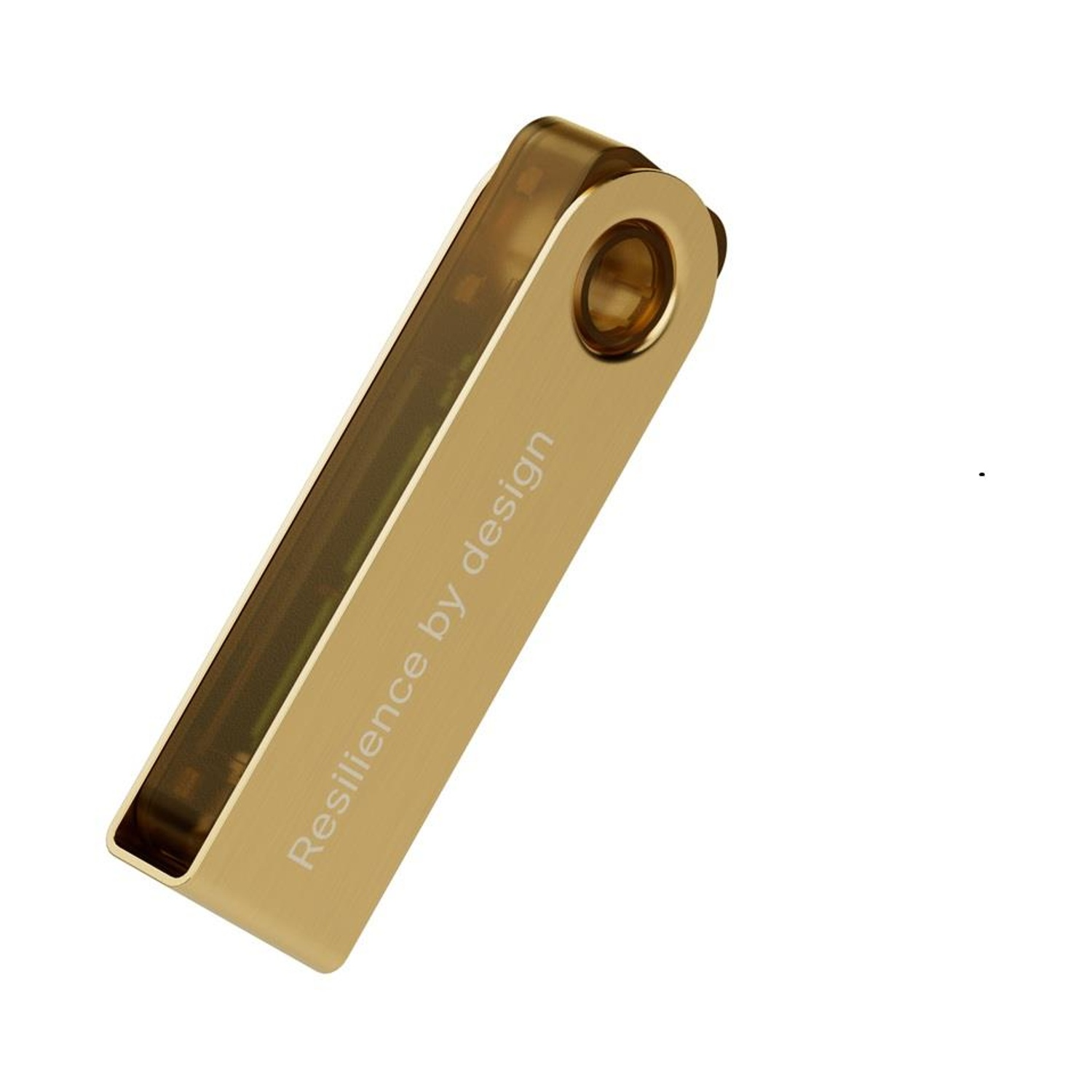 Dispositivo color oro, forma rettangolare con bordi arrotondati, con la scritta 'Resilience by design'.