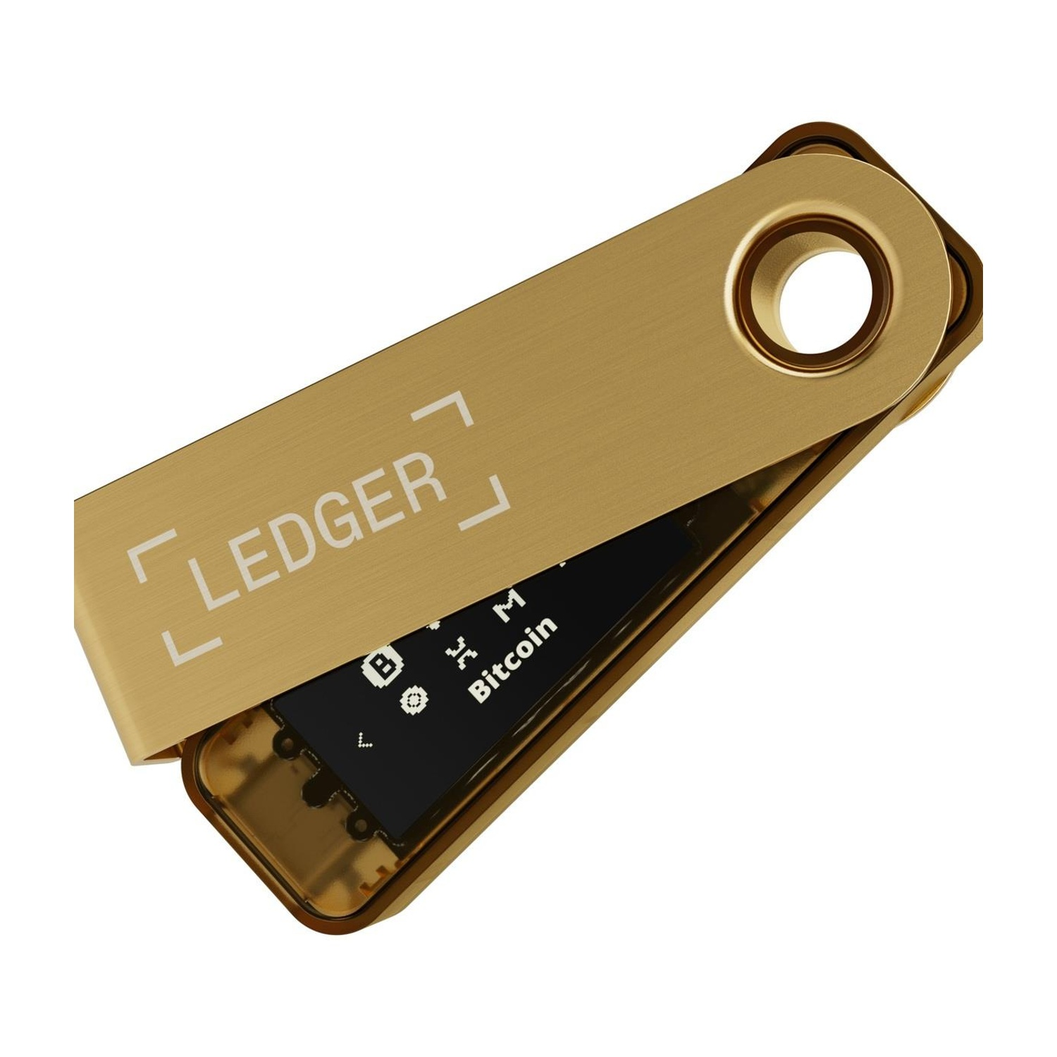 Un portafoglio hardware Ledger dorato con la copertura parzialmente aperta.