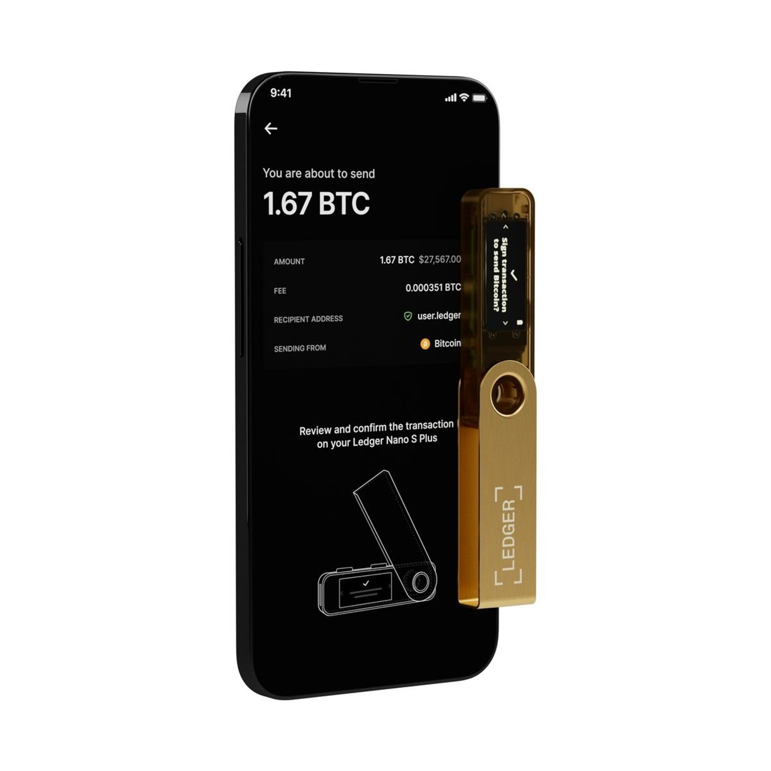 Telefono che mostra una transazione Bitcoin, con un portafoglio Ledger Nano S Plus.