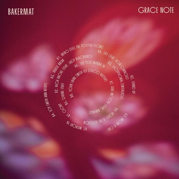 Ein Musikalbumcover mit kreisförmigem Design und Titelliste. Der Text ist weiß.