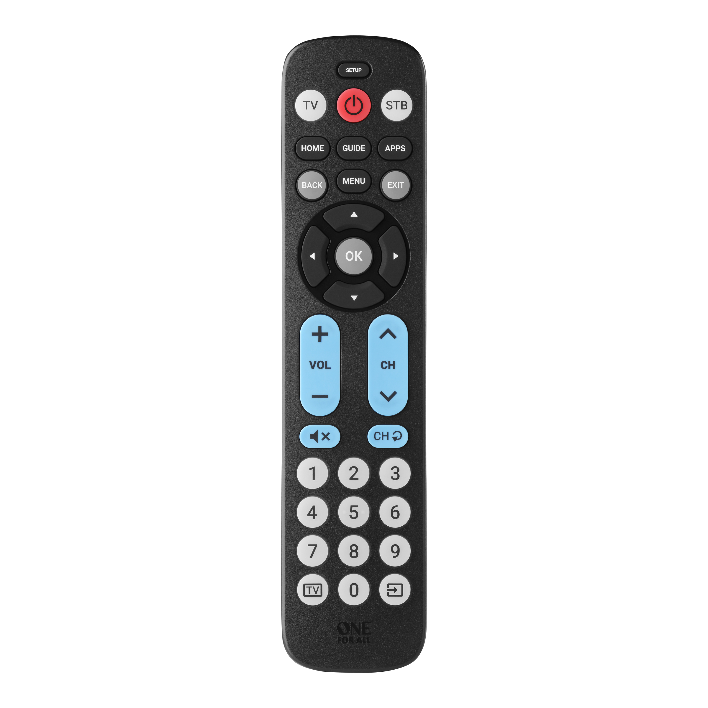 Schwarze Fernbedienung mit Tasten für TV, STB, Home, Guide, Apps, Back, Menu, Exit und Zifferntasten.
