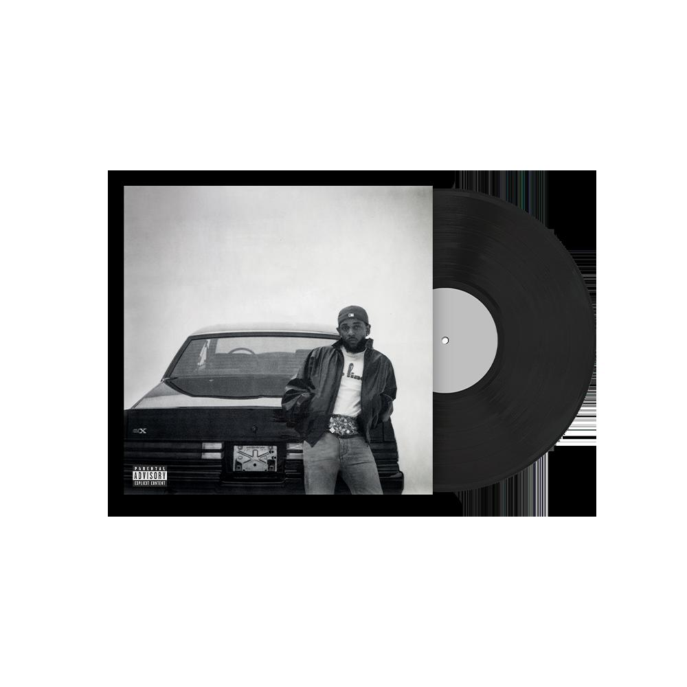 Pochette d'album avec un homme debout à côté d'une voiture. Un disque vinyle est à droite de la pochette.