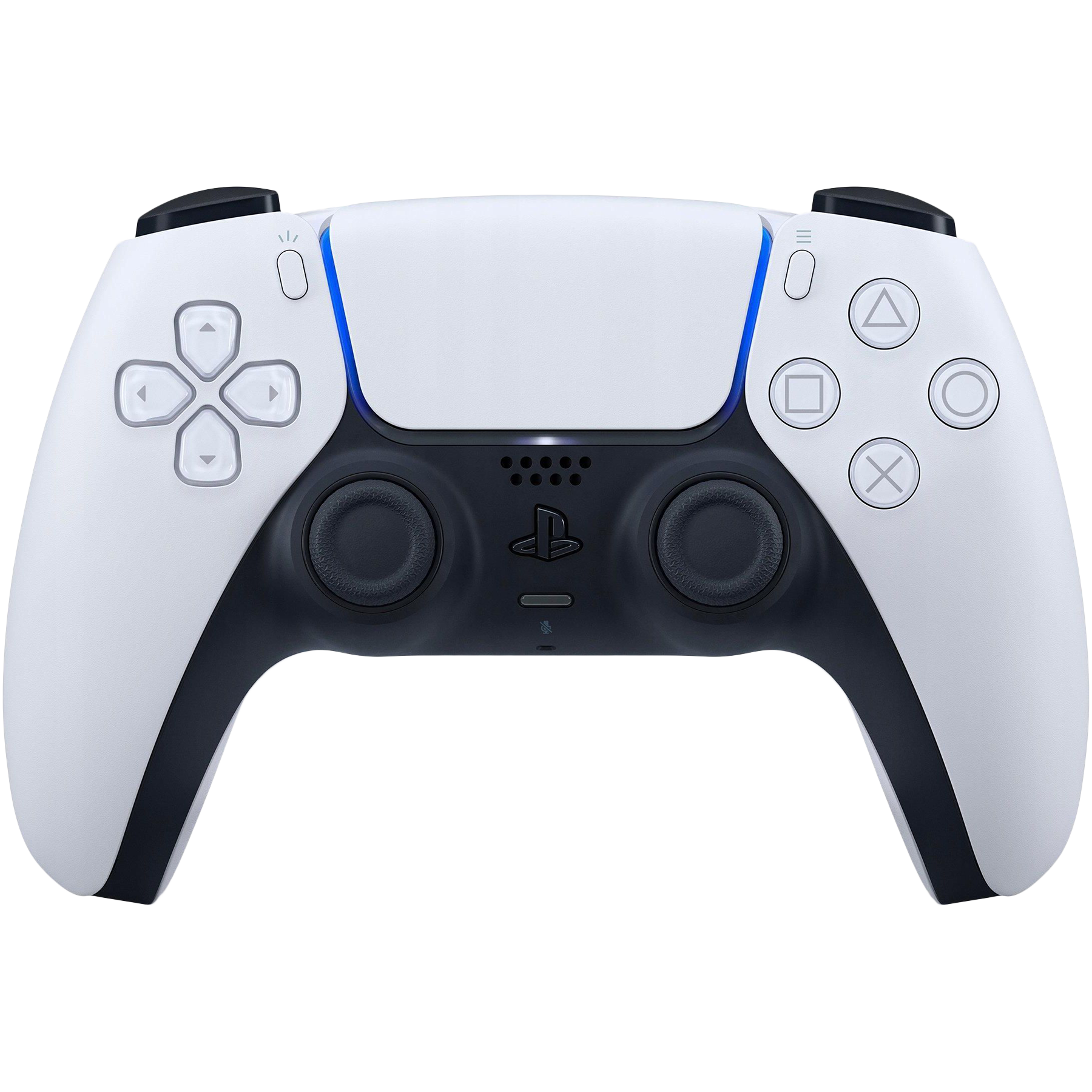Biało-czarny kontroler Playstation 5 z przyciskami i centralnym logo.