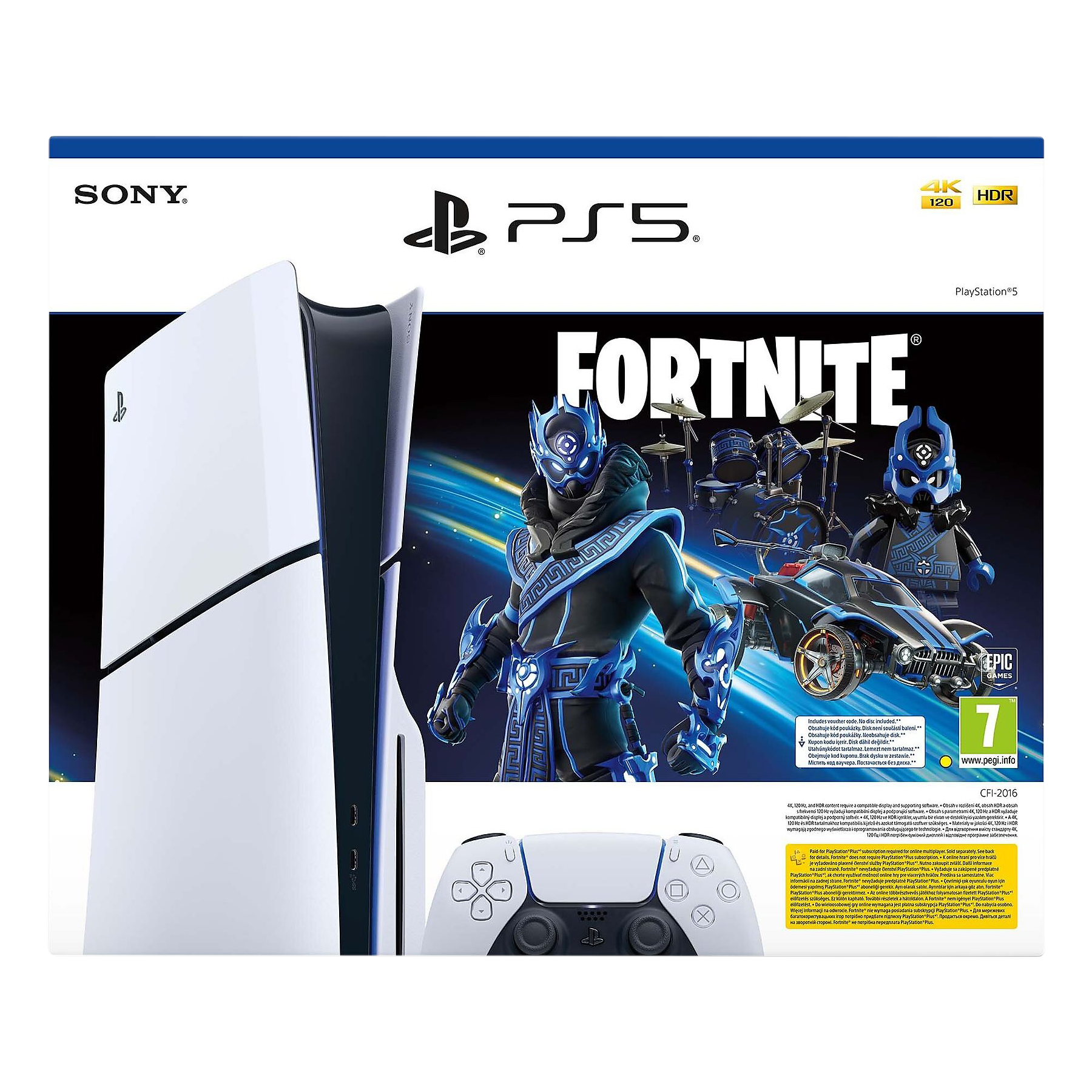 PlayStation 5 z pakietem Fortnite. Ma białą konsolę i czarno-biały kontroler.