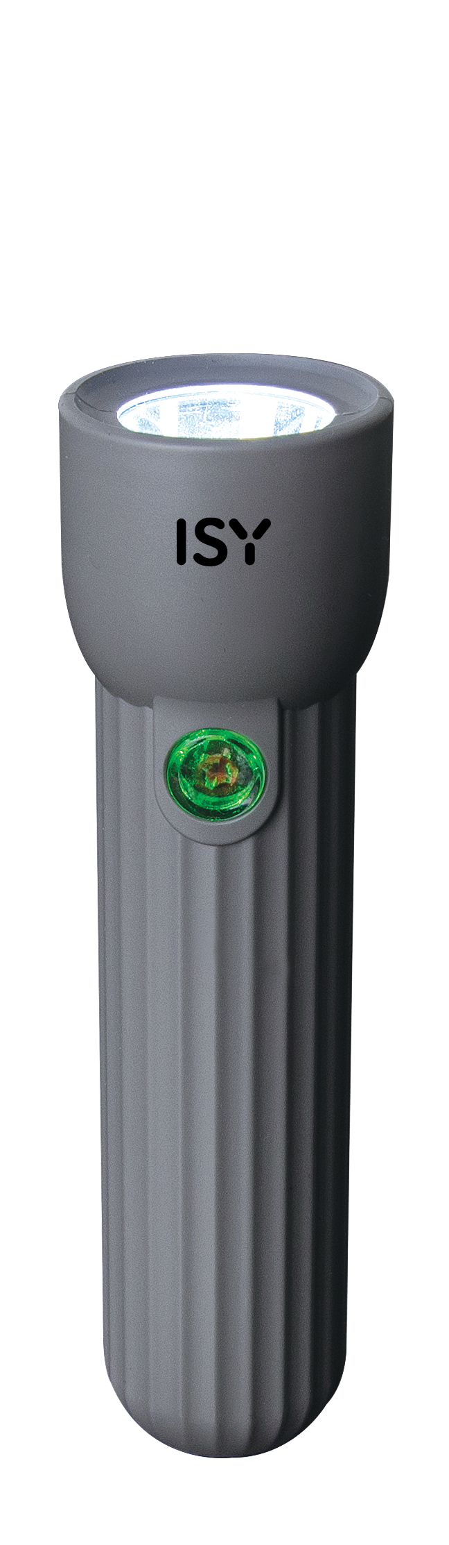 Graue Taschenlampe mit dem Wort „ISY“. Weißer Hintergrund.
