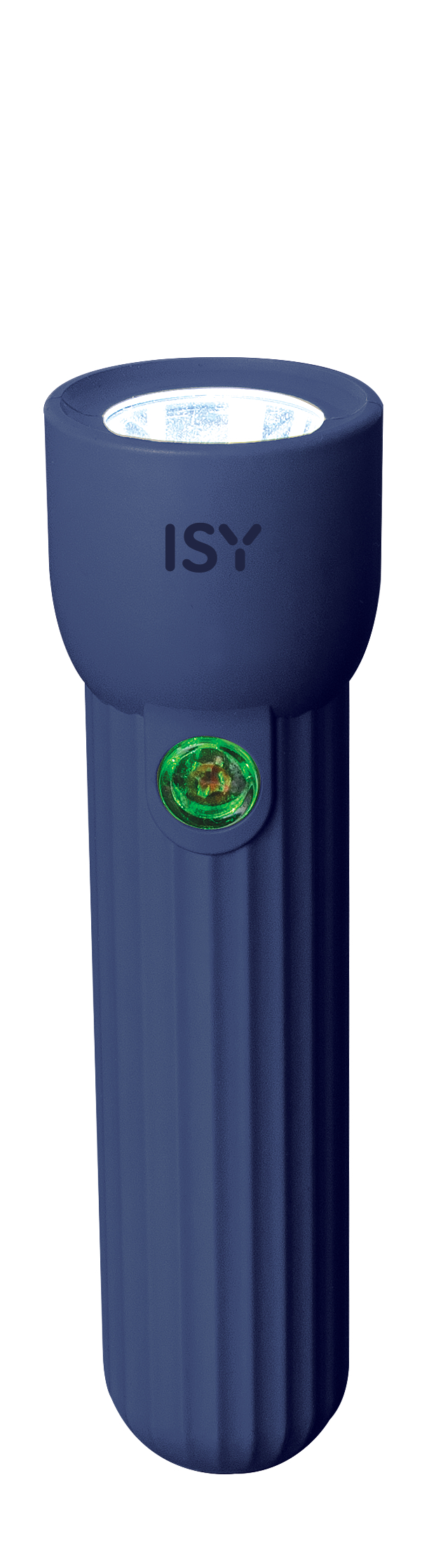 Eine blaue Taschenlampe mit geripptem Körper und einem grünen Knopf. Die Oberseite hat einen weißen, beleuchteten Bereich, ISY.