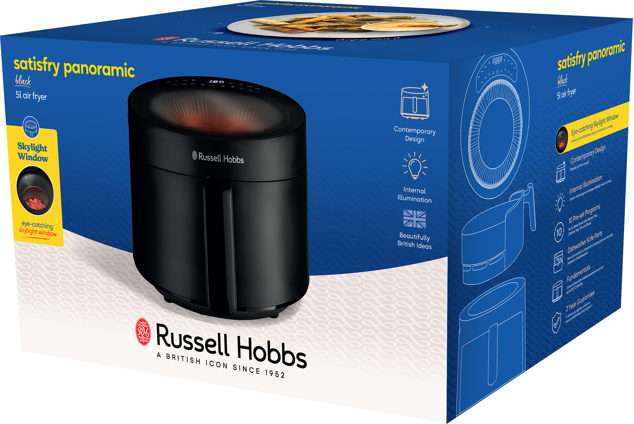 Fekete Russell Hobbs légkeveréses sütő dobozban. A dobozon képek és szöveg vannak.