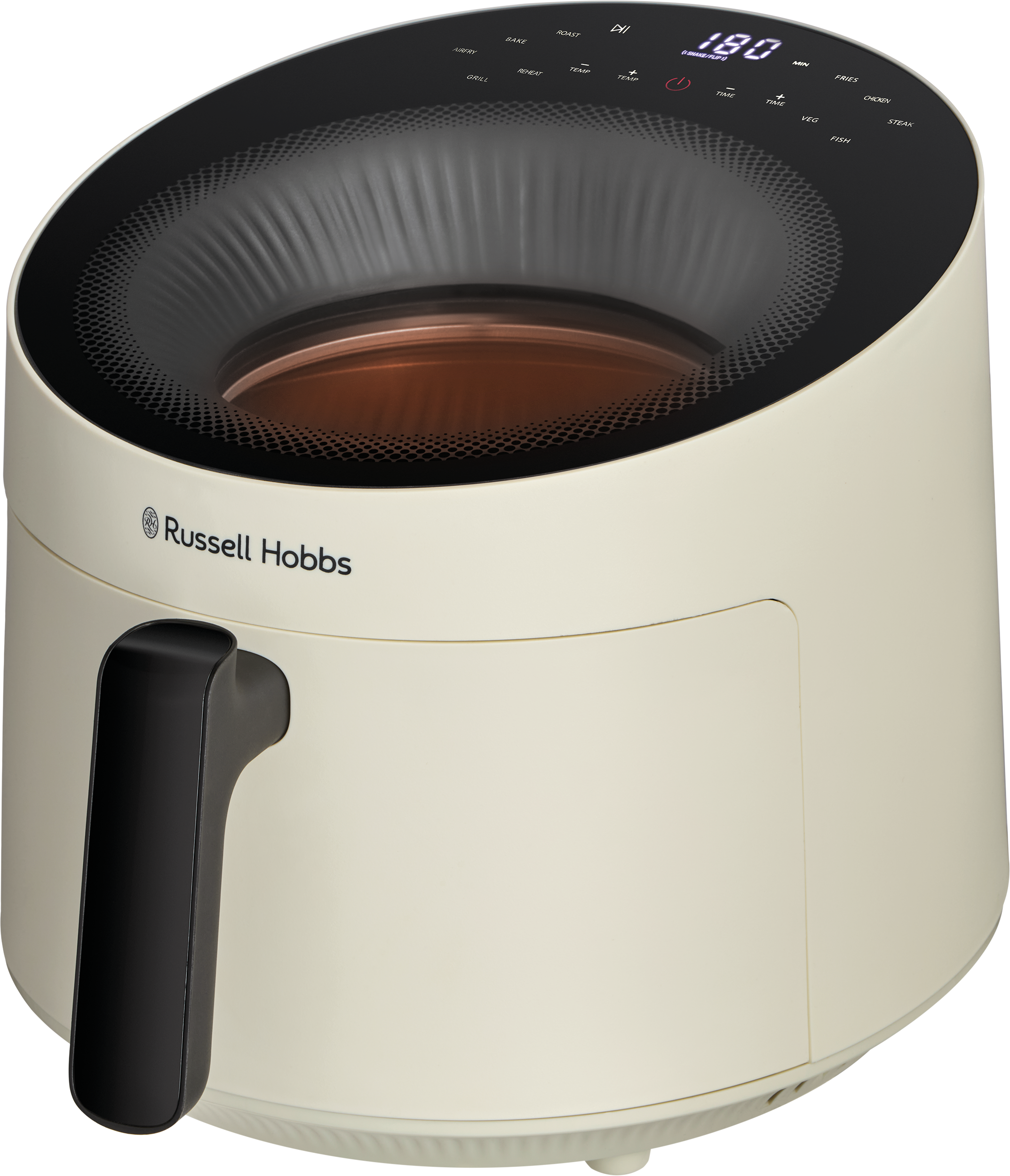 Krémszínű és fekete légkeveréses sütő digitális kijelzővel, fekete fogantyúval. Russell Hobbs márka elöl.