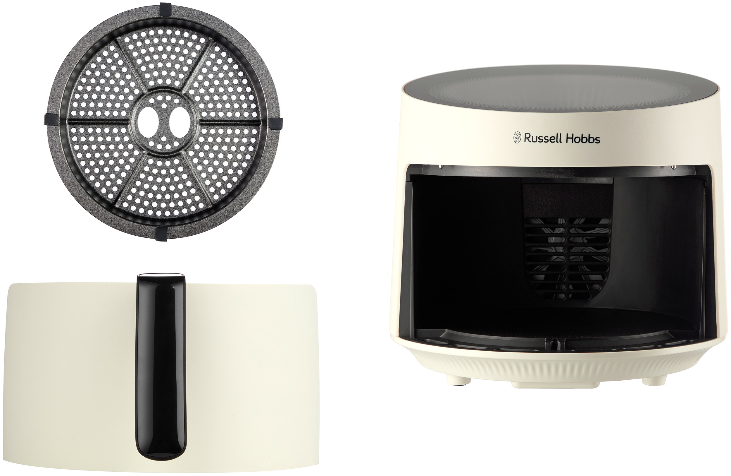 Egy fehér-fekete Russell Hobbs airfryer a kosarával és alkatrészeivel.