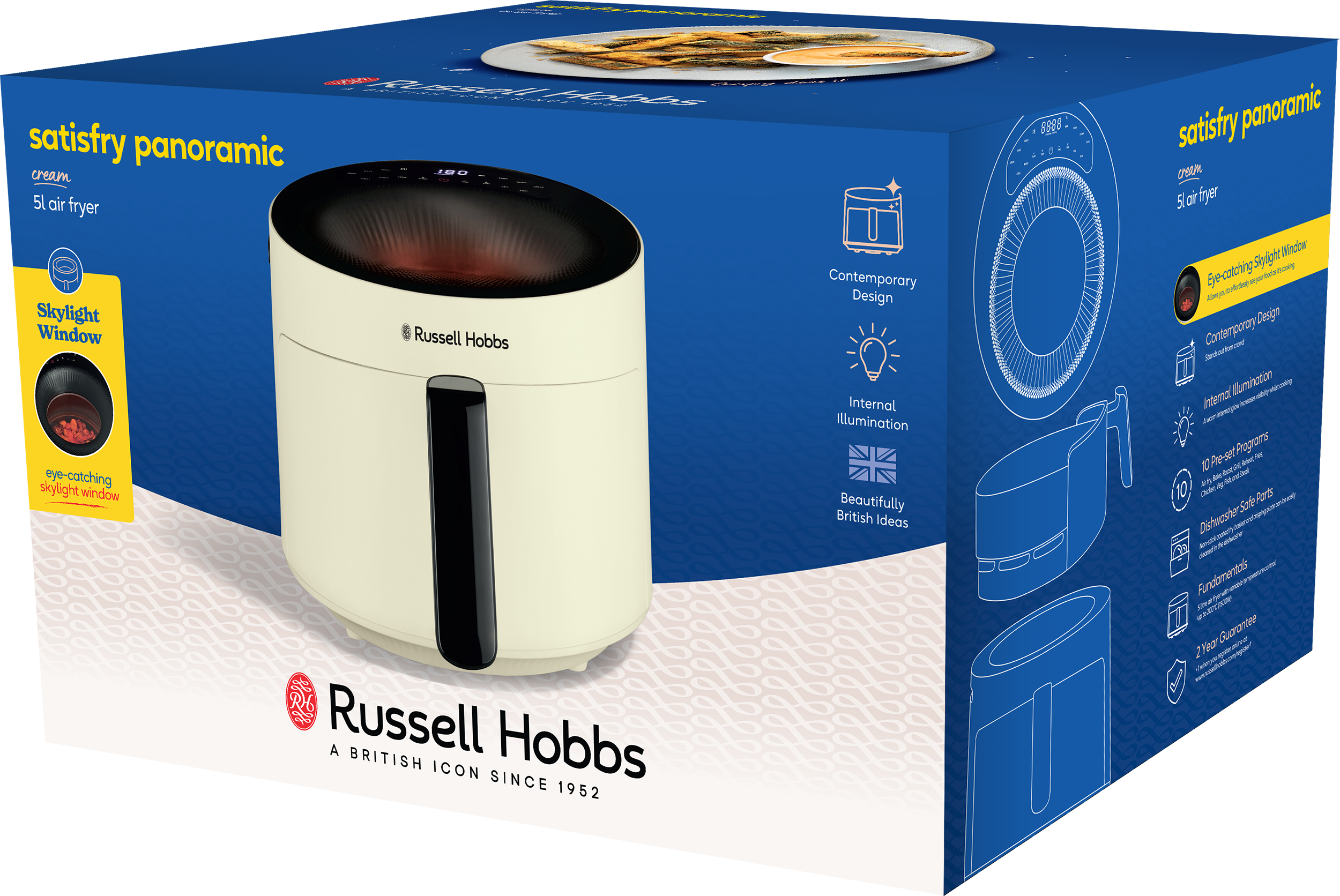 Egy Russell Hobbs légkeveréses sütő doboza krémszínű készülékkel.