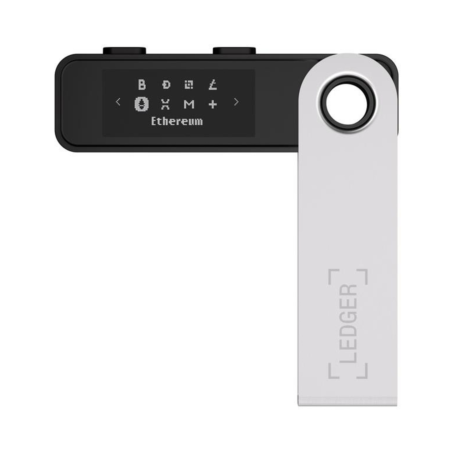Un portafoglio hardware Ledger, aperto, che mostra lo schermo.