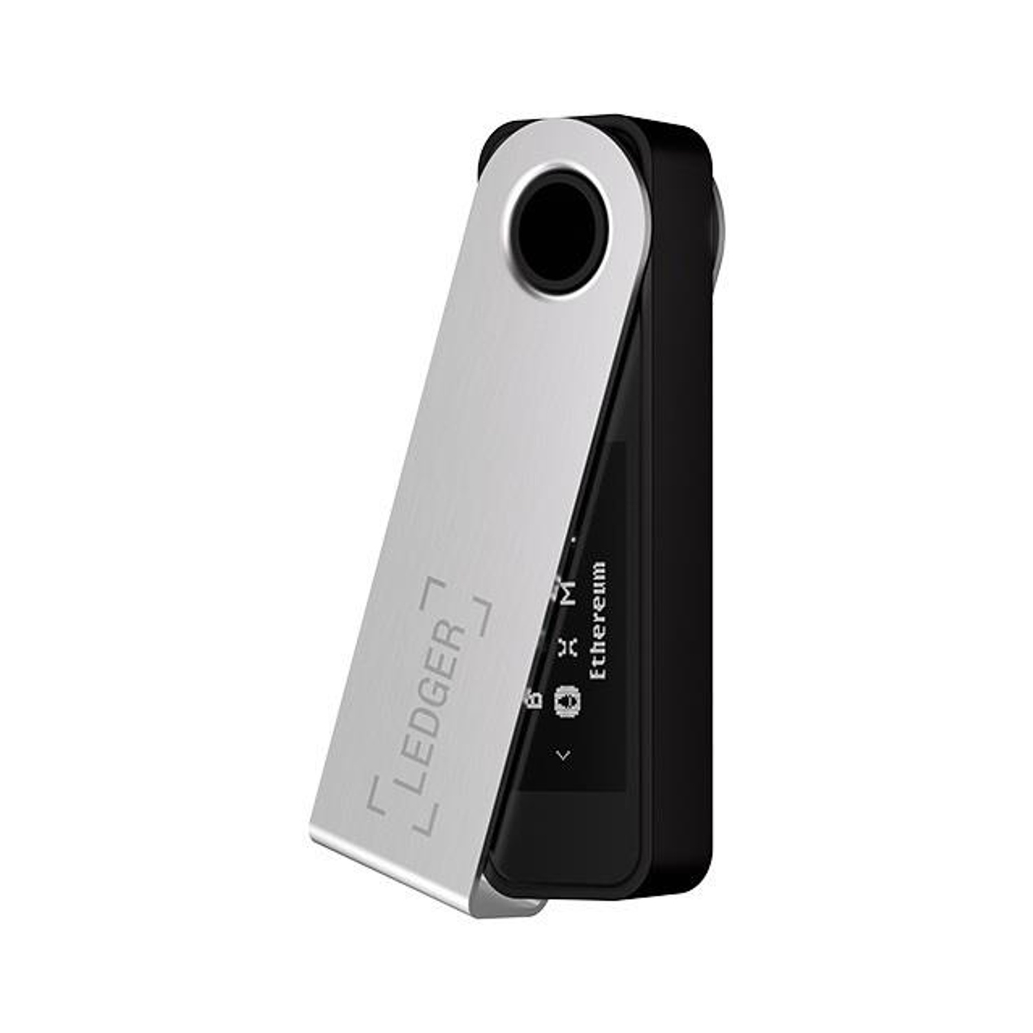 Portafoglio crypto Ledger. Dispositivo argento e nero, angolato, con testo sullo schermo.