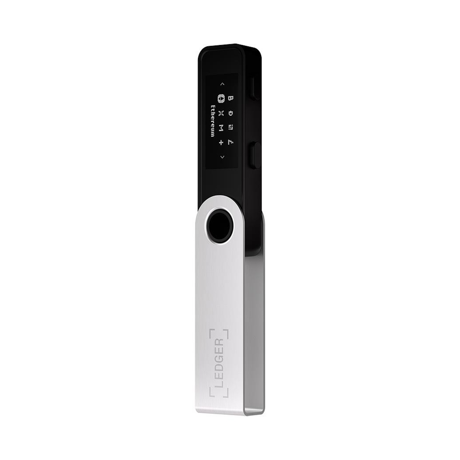 Portafoglio hardware Ledger crypto, nero e argento, con schermo piccolo.