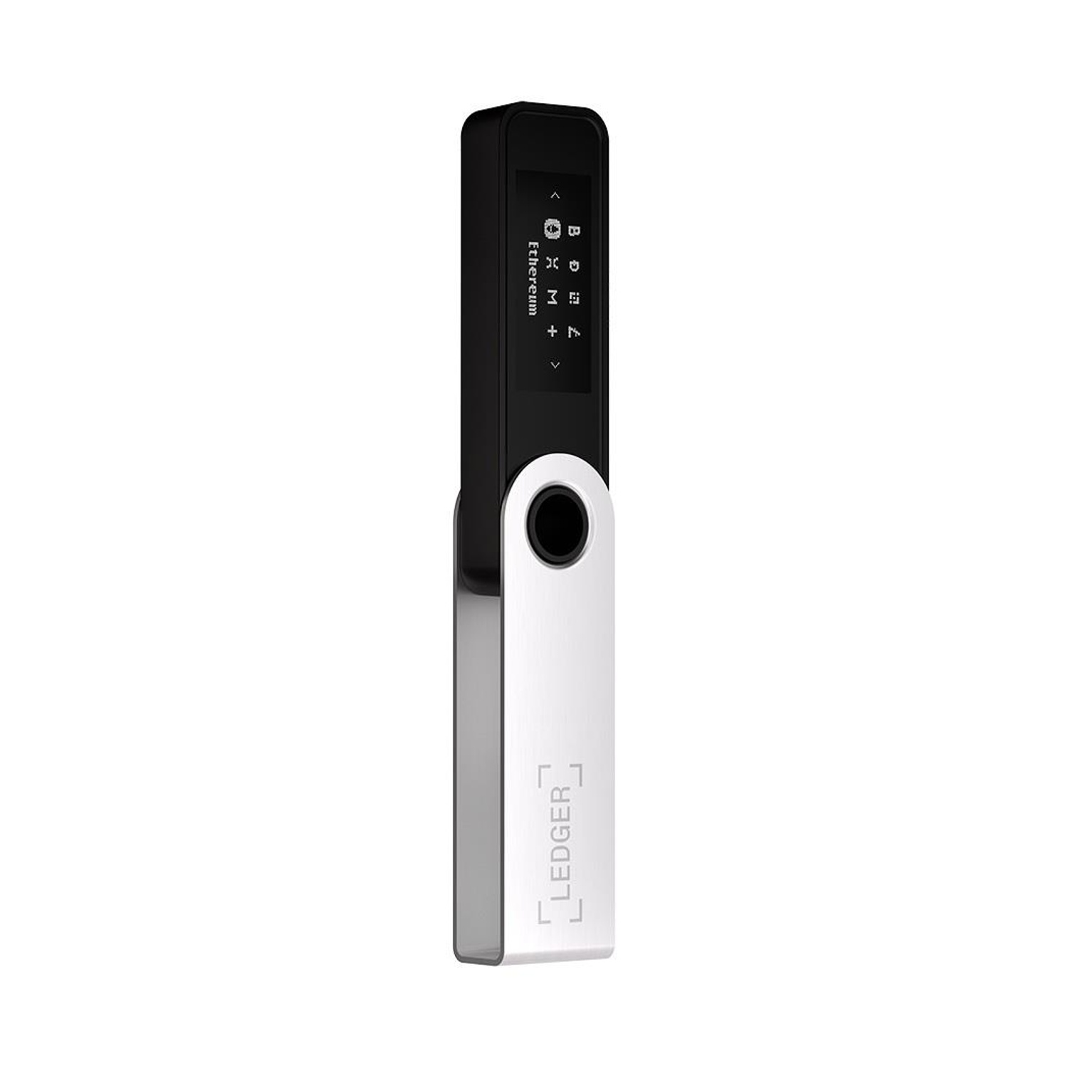 Un portafoglio hardware Ledger nero e argento su sfondo bianco. Lo schermo mostra del testo.