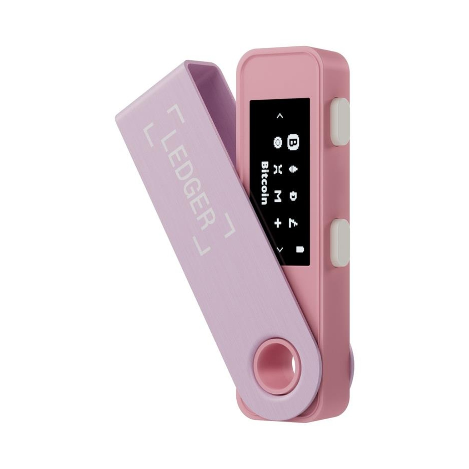 Portafoglio Ledger Nano S. Custodia rosa, schermo con simboli Bitcoin e pulsanti bianchi.
