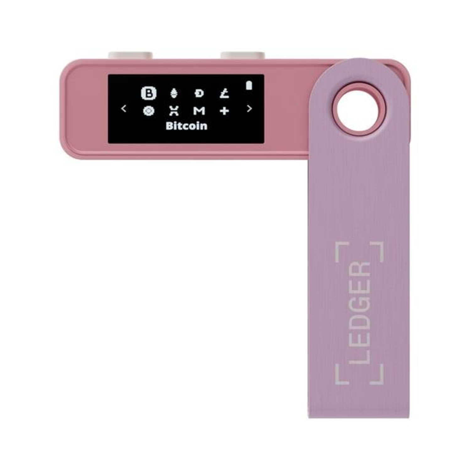Un dispositivo Ledger Nano S Plus rosa con uno schermo che mostra i dettagli di Bitcoin.