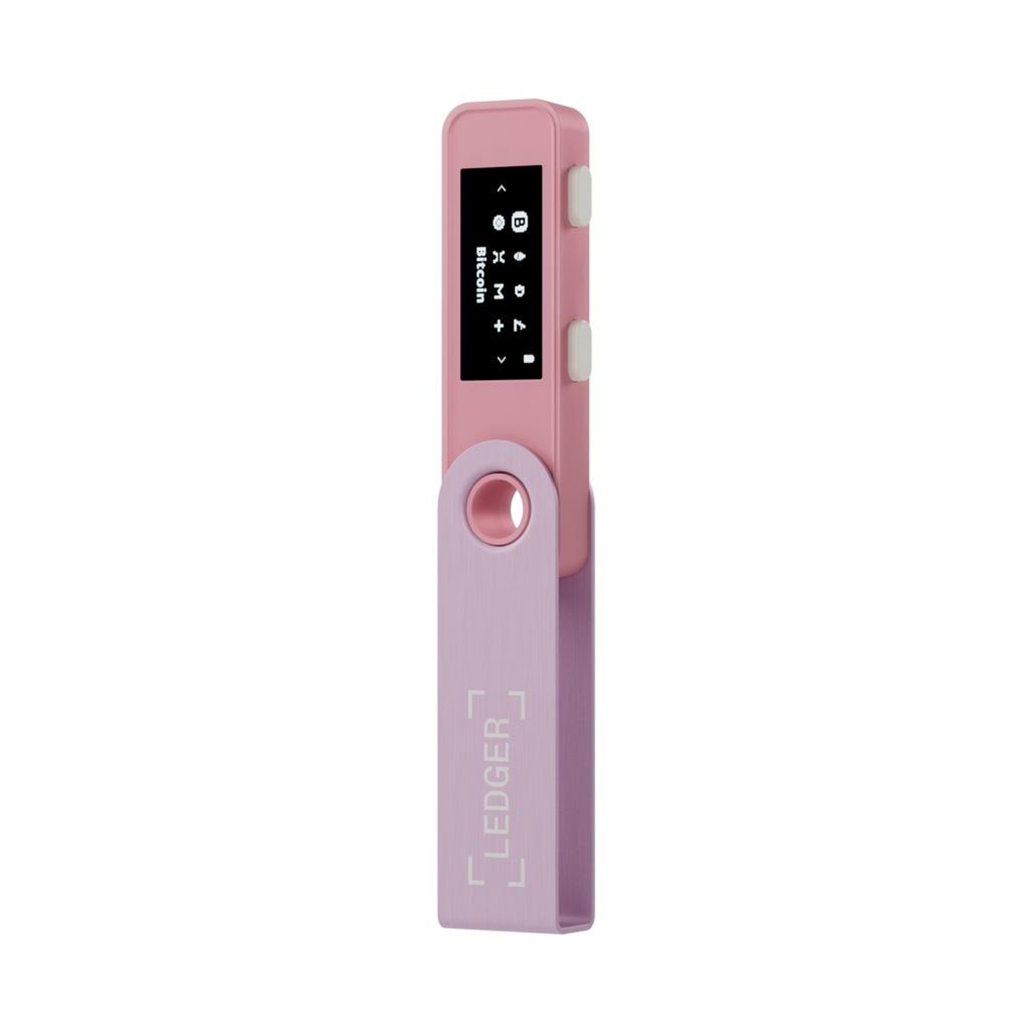 Portafoglio hardware Ledger rosa e viola. Un piccolo schermo mostra informazioni.