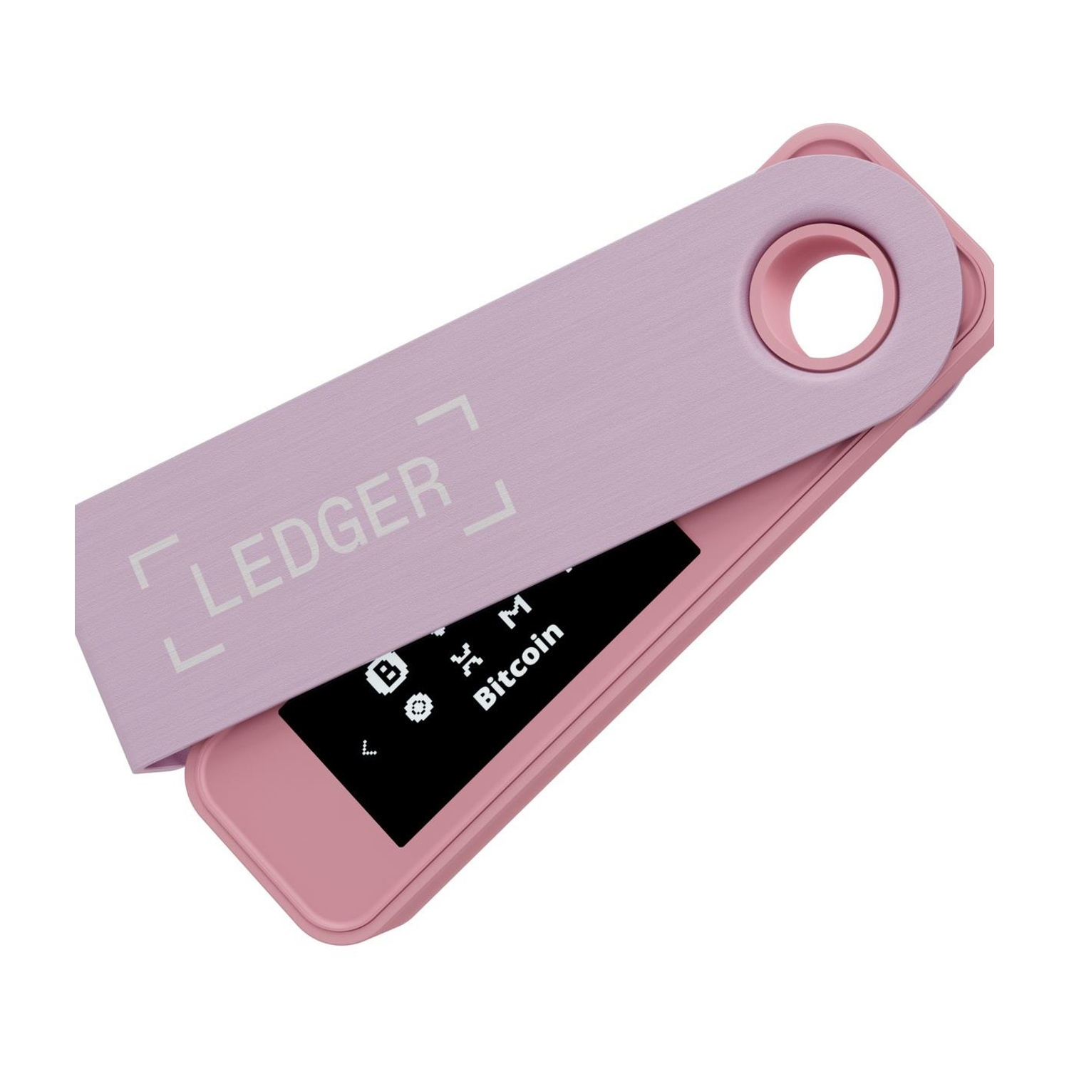 Un portafoglio hardware Ledger rosa, aperto, che mostra il suo schermo. Il logo Ledger è in alto.