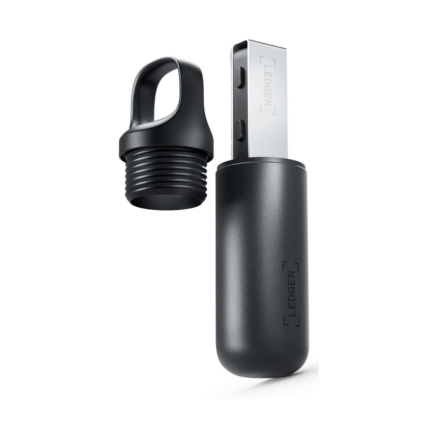 Portafoglio hardware Ledger nero con la parte superiore aperta. L'USB Ledger è visibile.