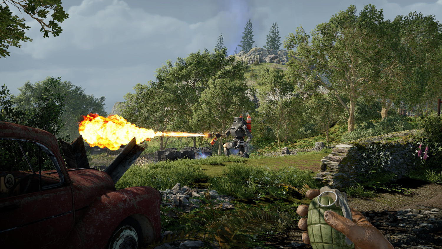 Een persoon gooit een granaat in een videogame. Vlammen en een explosie op de achtergrond.