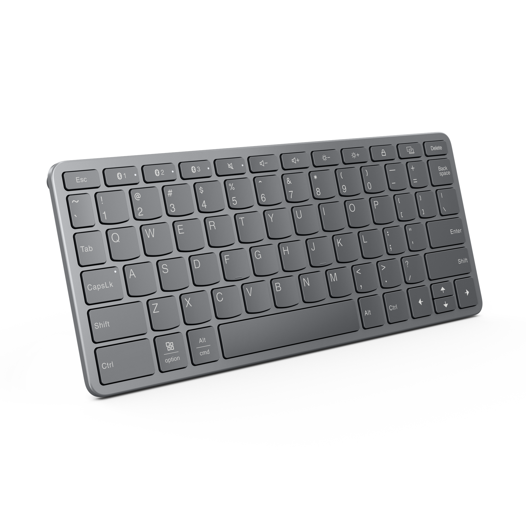 Eine graue Tastatur, schräge Ansicht, zeigt Tasten und Layout, isoliert auf Schwarz.