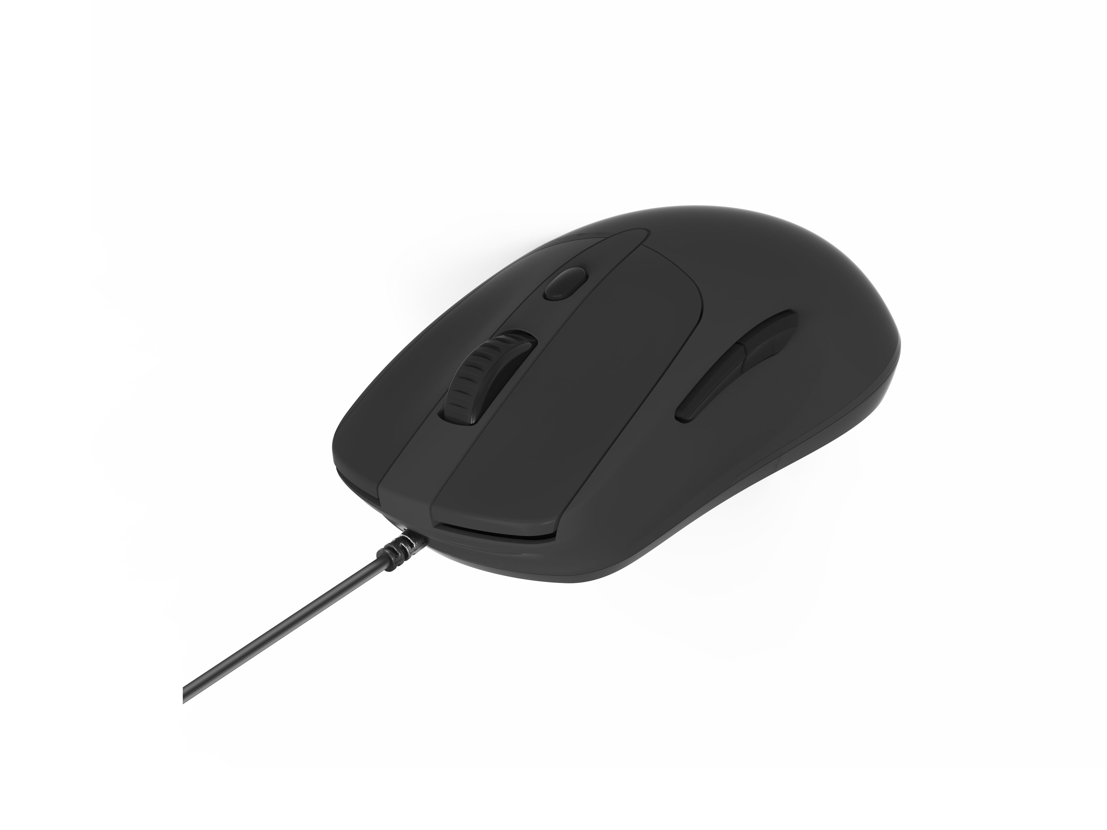 Schwarze Computermaus mit drei Tasten und einem Scrollrad auf weißer Oberfläche.