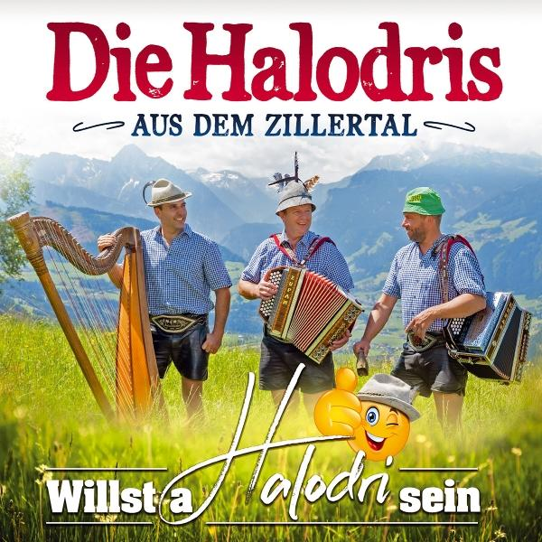 Albumcover mit drei Musikern. Der Titel lautet „Die Halodris“ mit Bergkulisse.