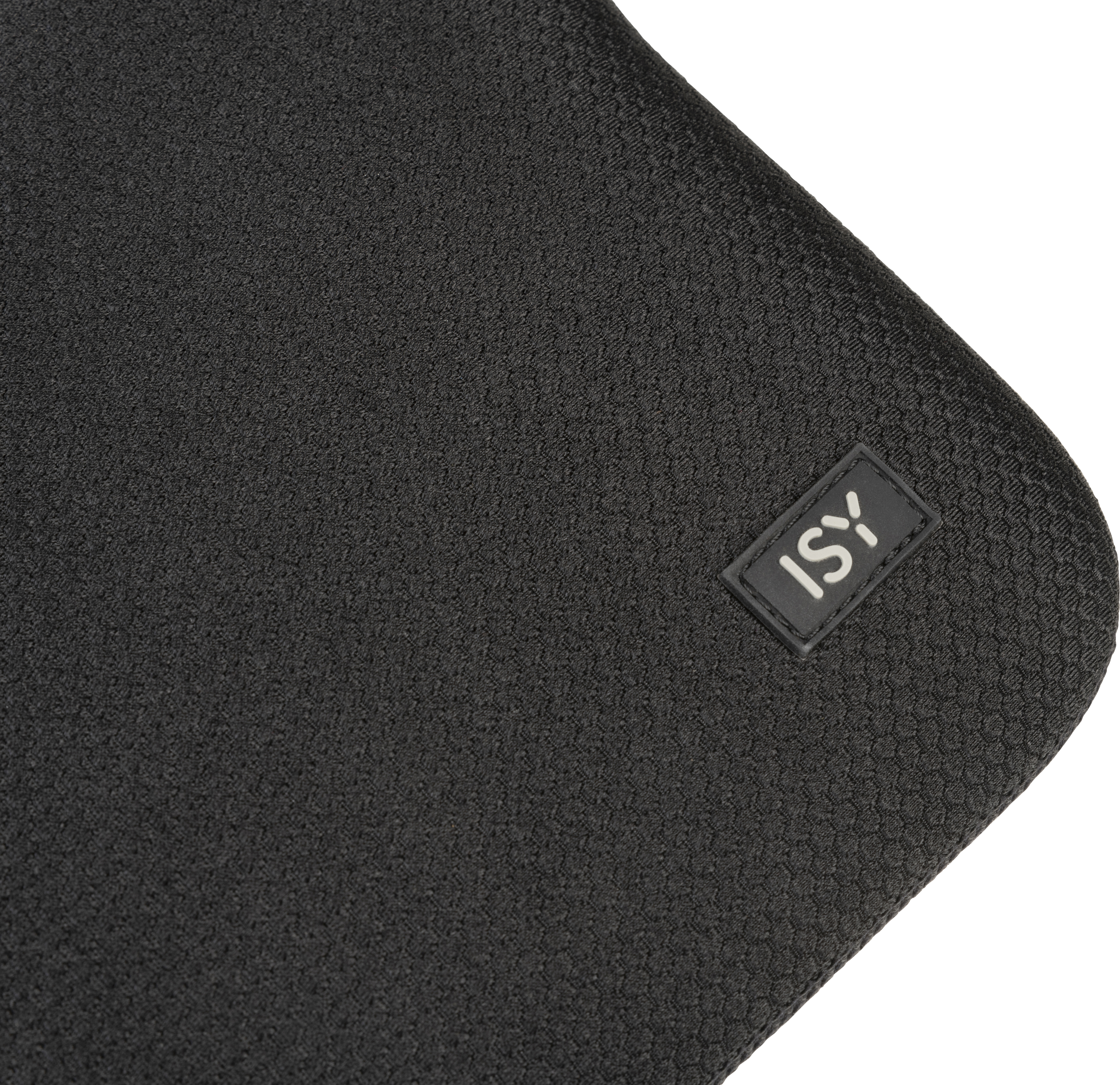 Un tapis de voiture noir avec le logo ISY argenté est montré.