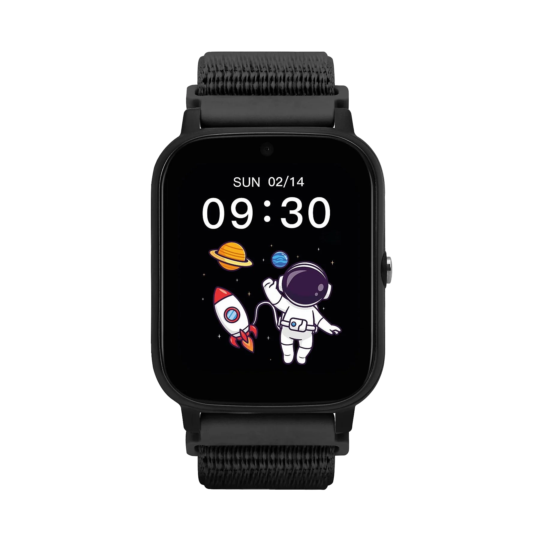 Smartwatch pokazujący astronautę, rakietę, planetę i datę/godzinę. Czarny pasek i tło.