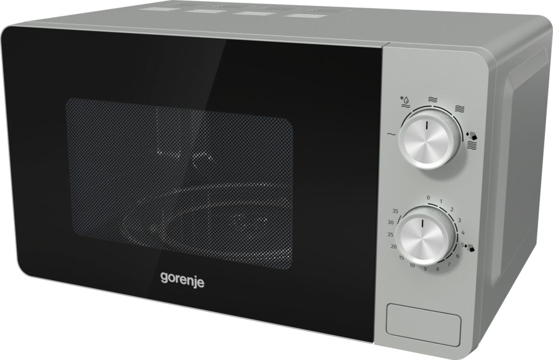 Ezüst és fekete Gorenje mikrohullámú sütő fehér háttérrel.
