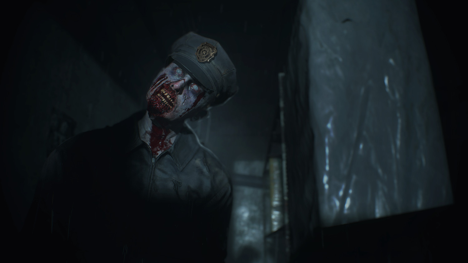Officier de police zombie de Resident Evil. Sombre, avec du sang et un chapeau.