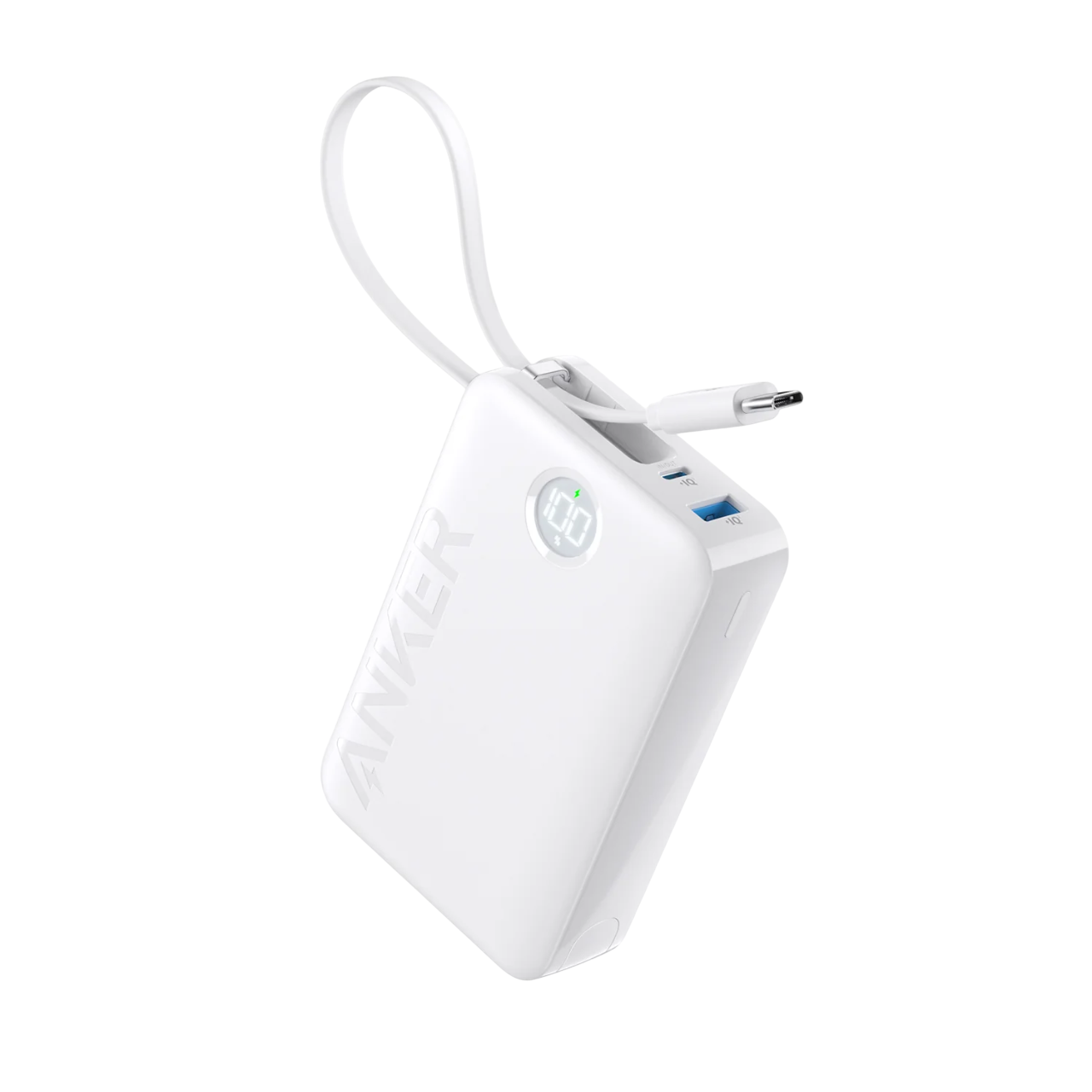 Beyaz Anker powerbank, şarj kablosu ve %100 gösteren bir ekranla.