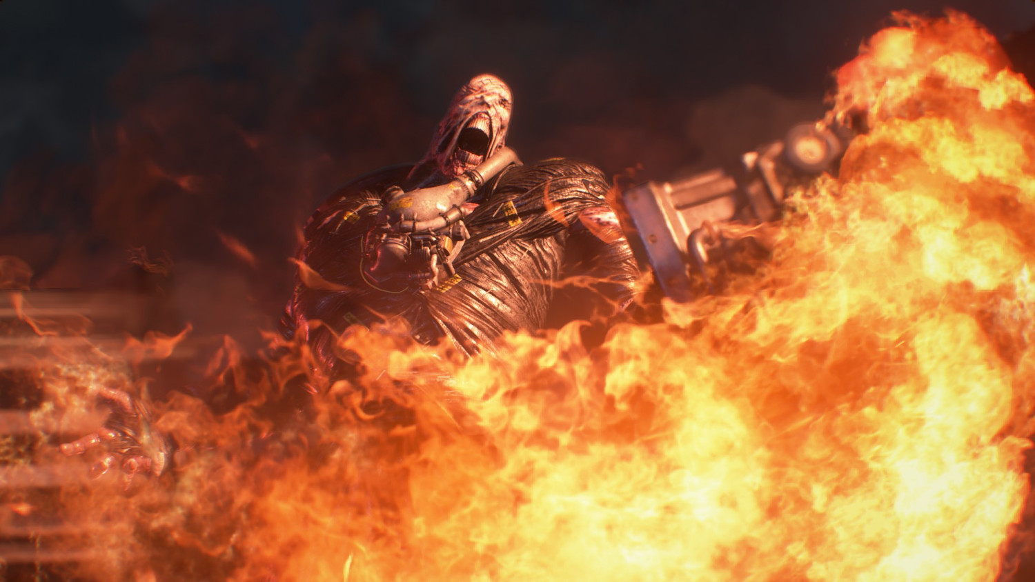 Un monstre à la chair exposée rugit des flammes, avec un objet métallique attaché à son dos.