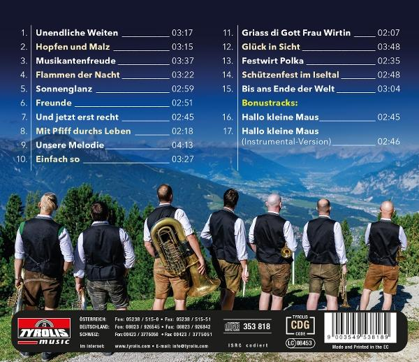Albumcover mit Band, Texten und Titeln. Blauer Hintergrund mit Bergen und Himmel.
