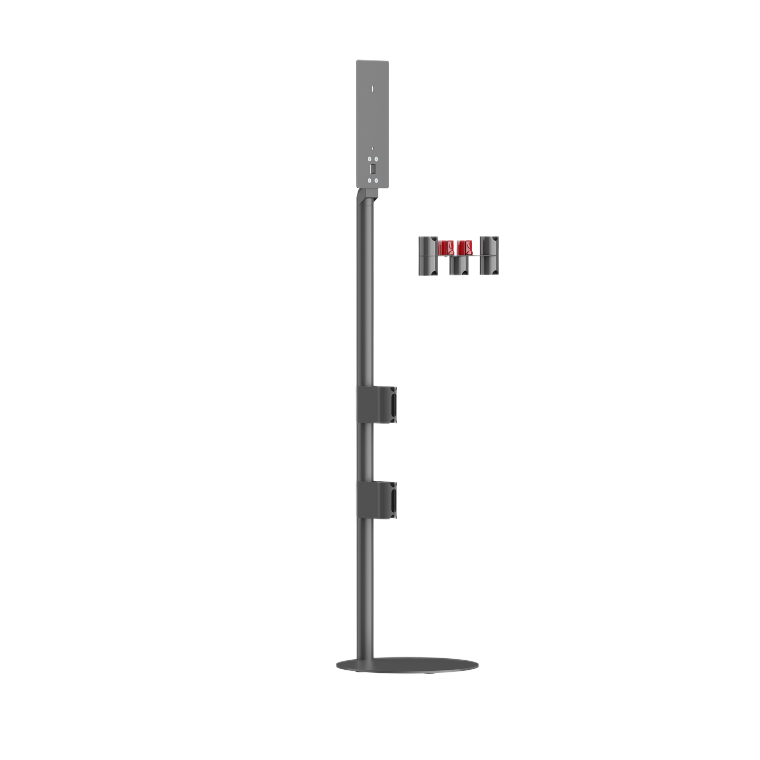 Hoge, grijze handdesinfectie-dispenser. Een kleine rode knop is zichtbaar.