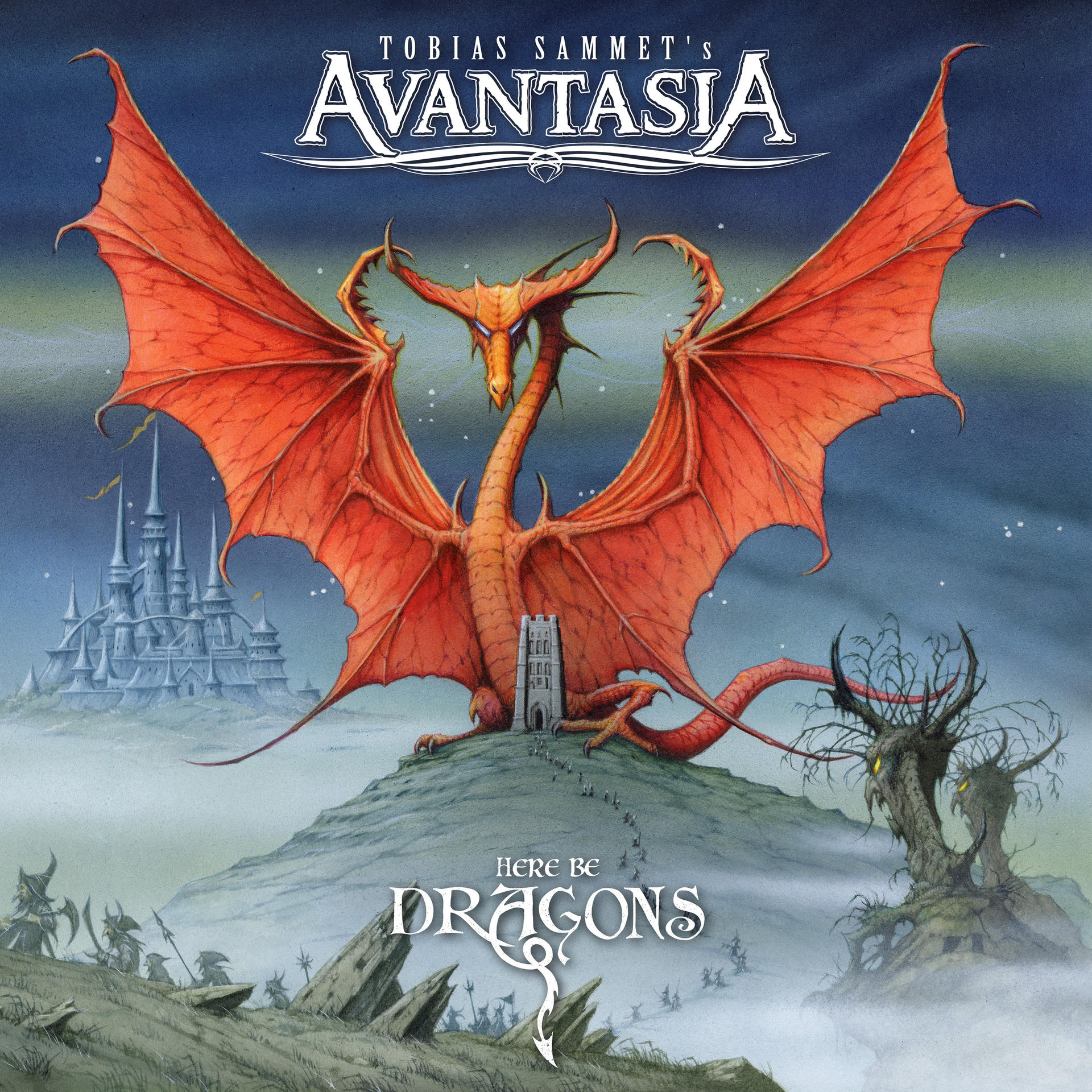 Albumcover: Drache auf Hügel, Burg im Hintergrund. Blauer Himmel. Text: Avantasia, Here Be Dragons.