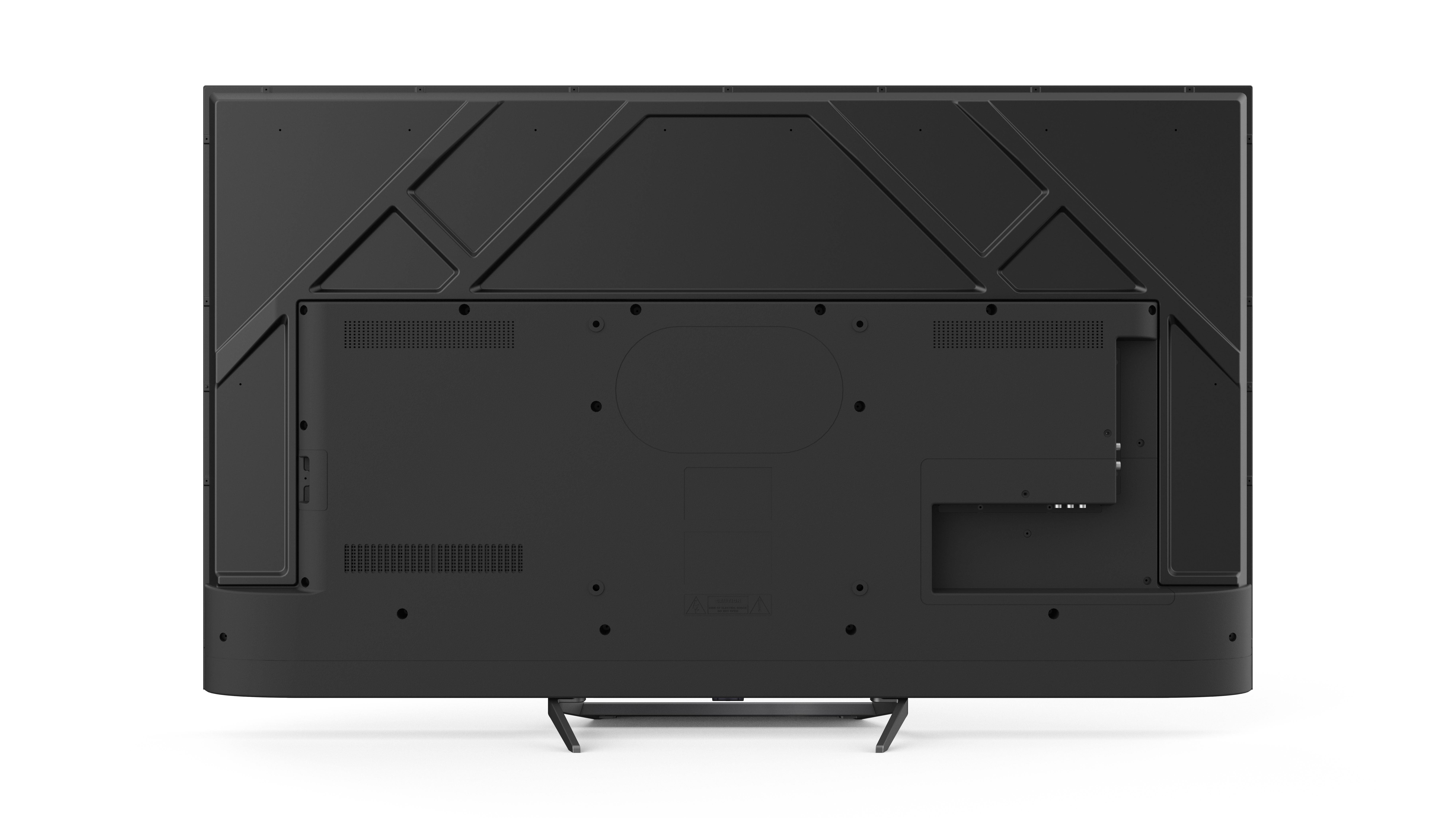 Rückansicht eines schwarzen Fernsehers mit Ständer, verschiedene Anschlüsse sichtbar.
