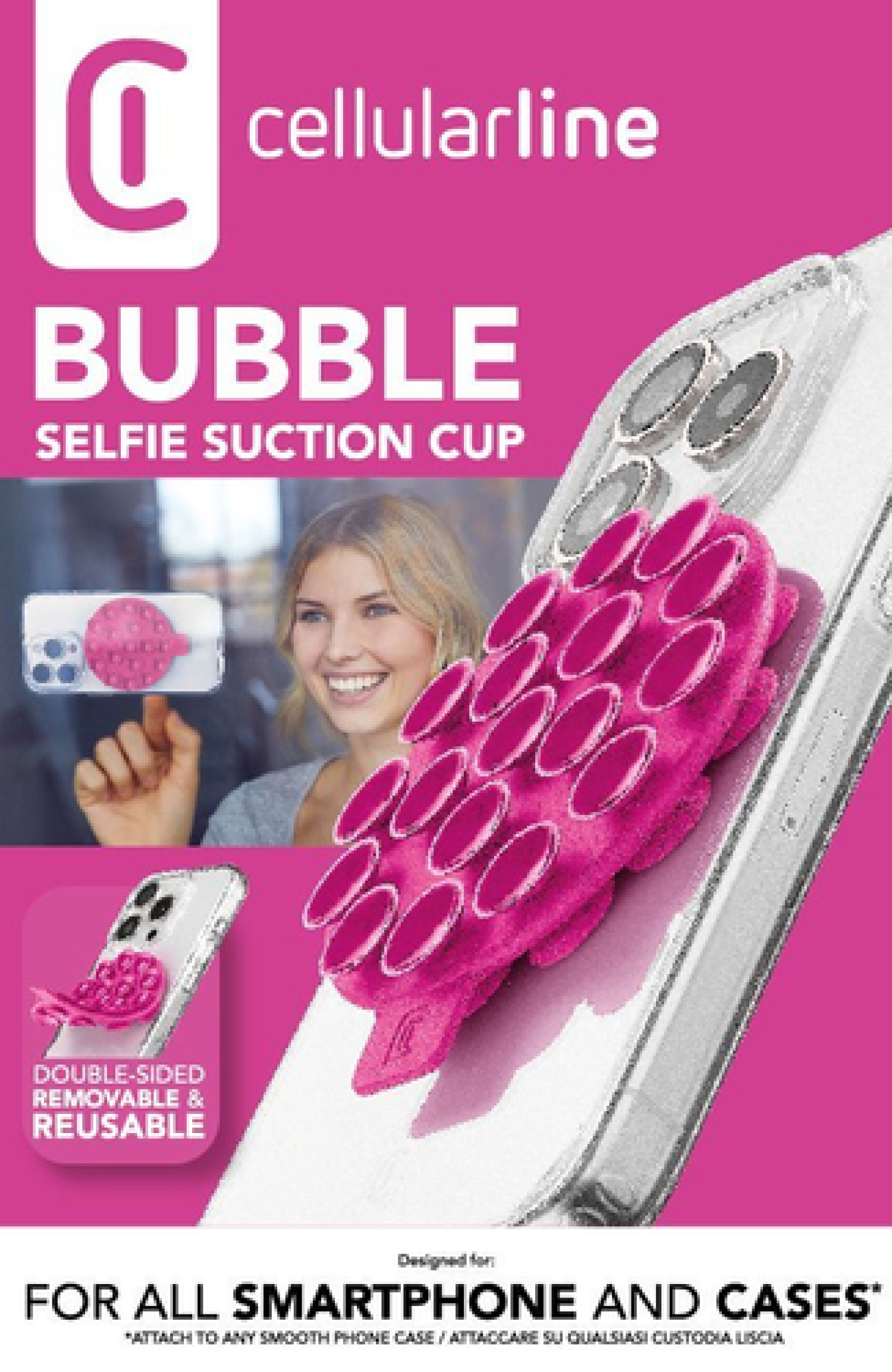 Ventosa selfie rosa con teléfono, detalles del producto sobre fondo rosa.