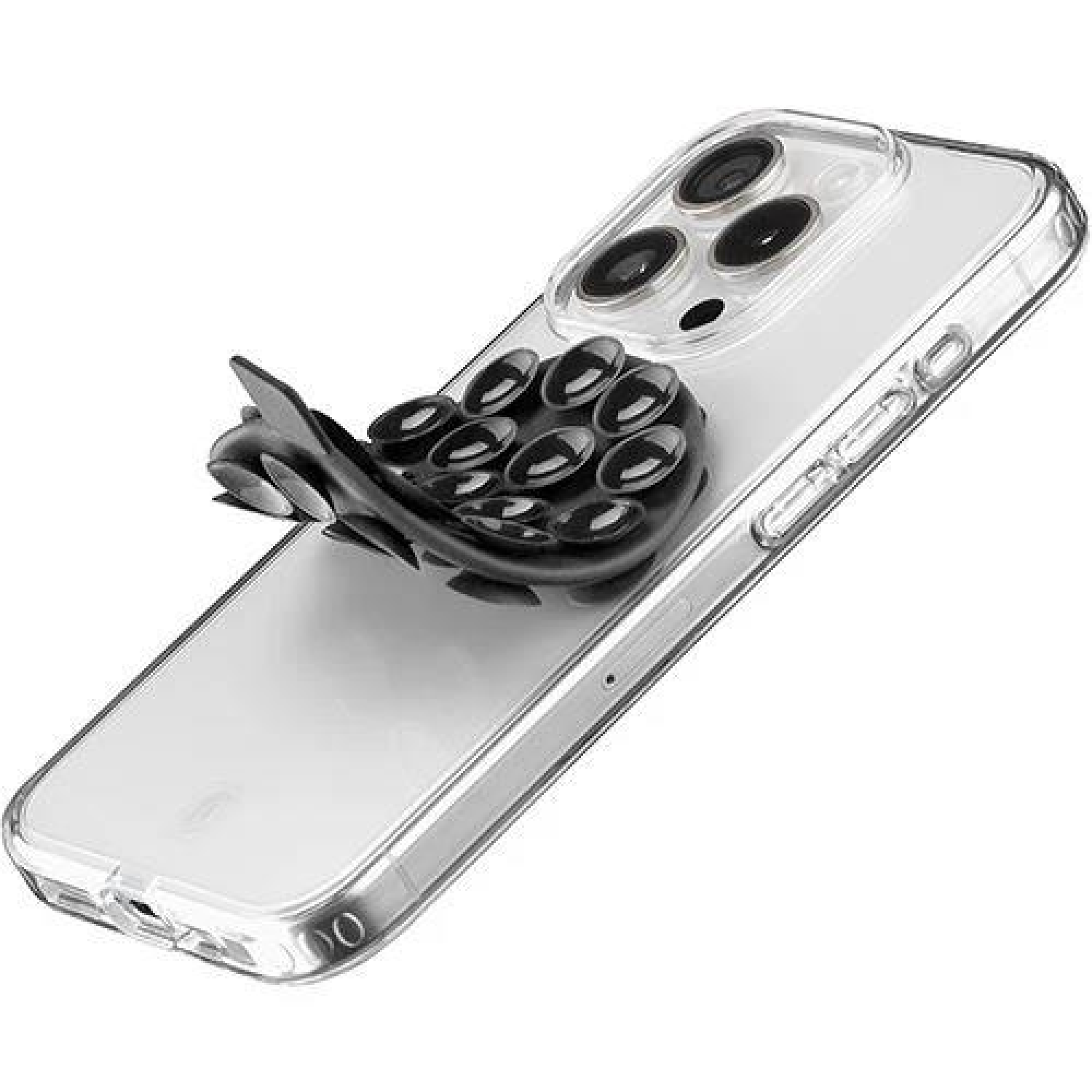 Un teléfono con una funda transparente y un soporte negro para teléfono en la parte trasera.