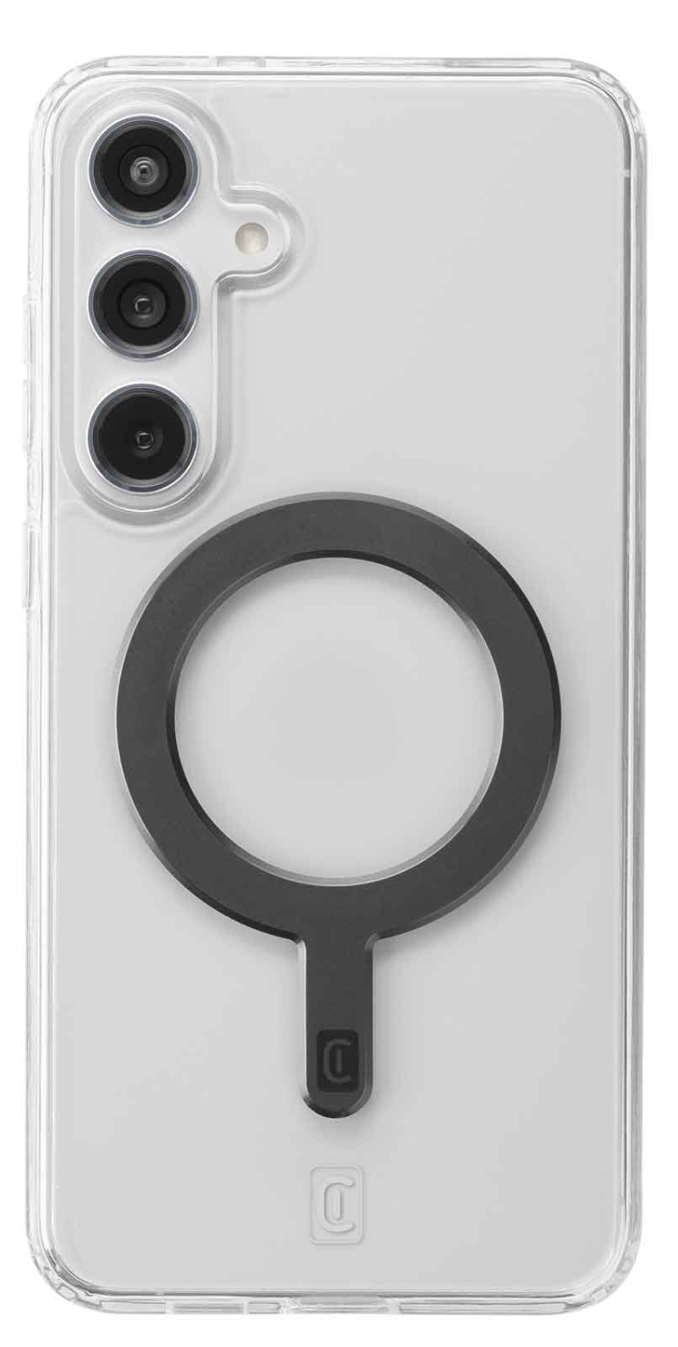 Funda transparente para teléfono con un anillo negro en la parte trasera. Una pequeña 'C' es visible.