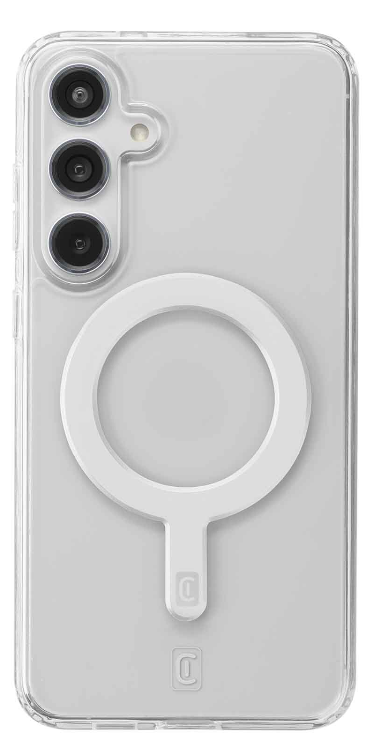 Una funda de teléfono con un anillo magnético blanco en la parte trasera.
