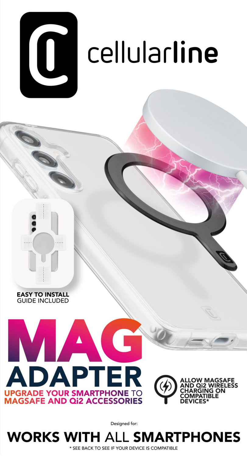 Un teléfono dentro de una funda transparente con un adaptador mag y carga inalámbrica.