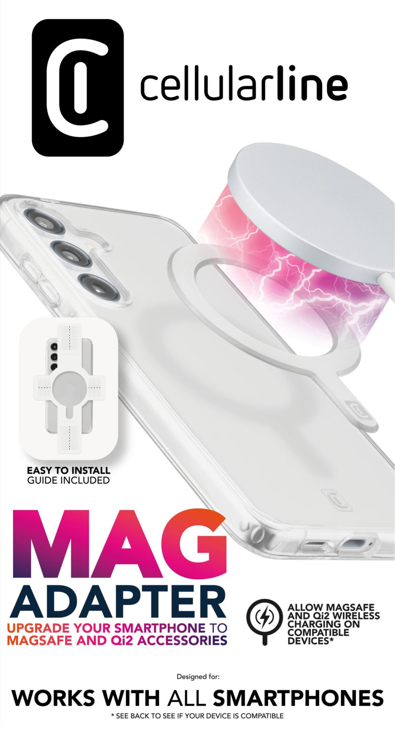 Se muestra una funda de teléfono con un adaptador MagSafe blanco y un cargador inalámbrico.