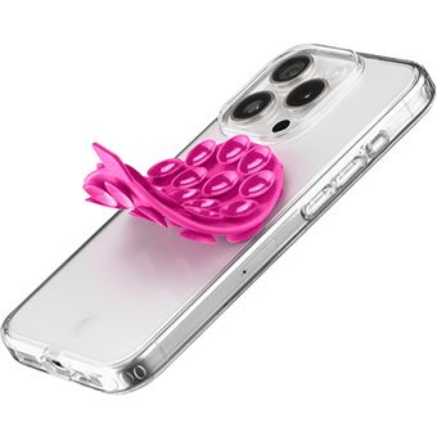 Una funda transparente para teléfono con un agarre rosa adjunto. El teléfono está en ángulo.