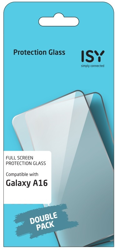 Blau-weiße Verpackung für Displayschutzfolien. Text sagt 'Protection Glass' und 'Galaxy A16'.