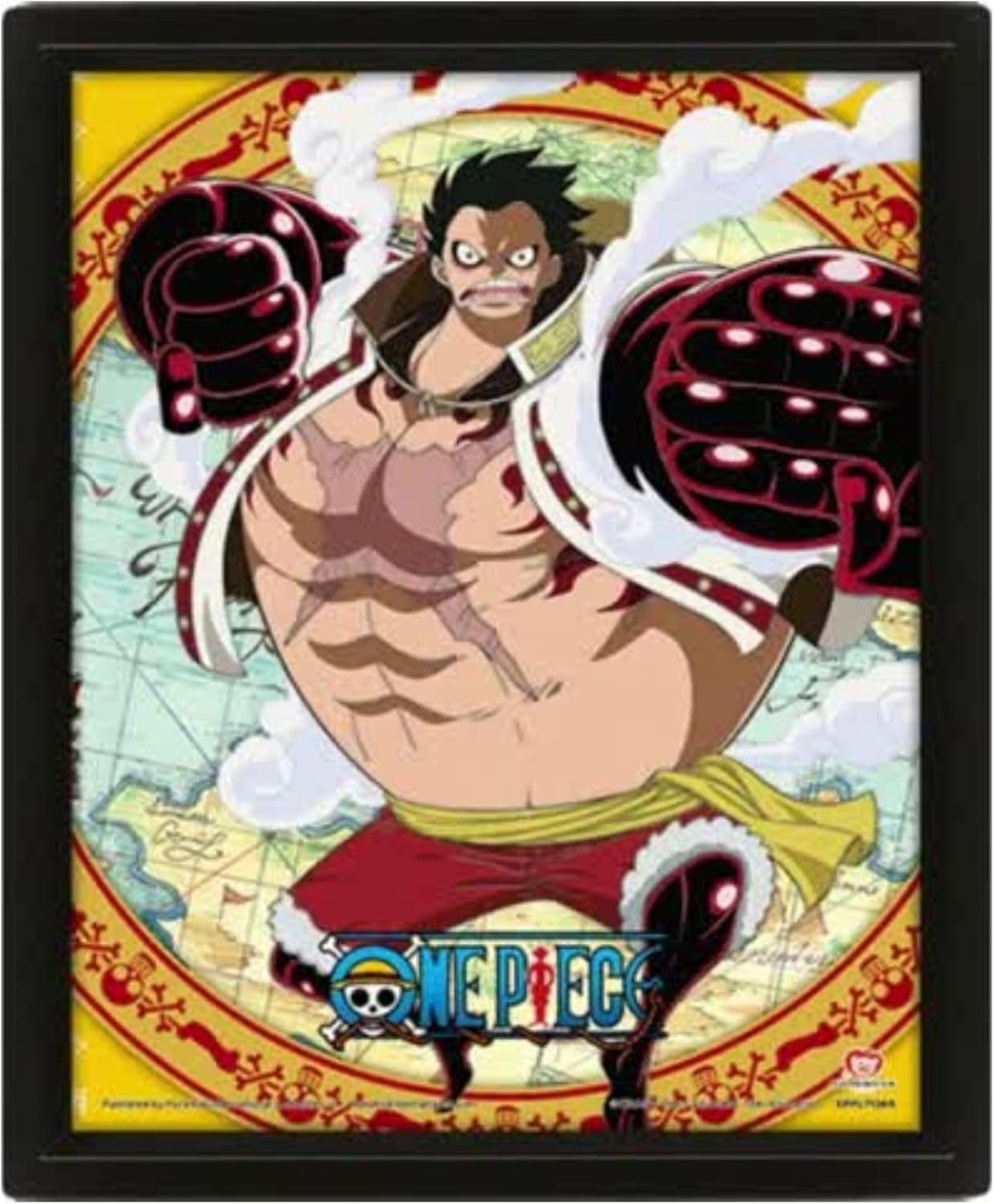 Un póster enmarcado de One Piece. Un personaje de dibujos animados con grandes puños y un fondo de mapa.