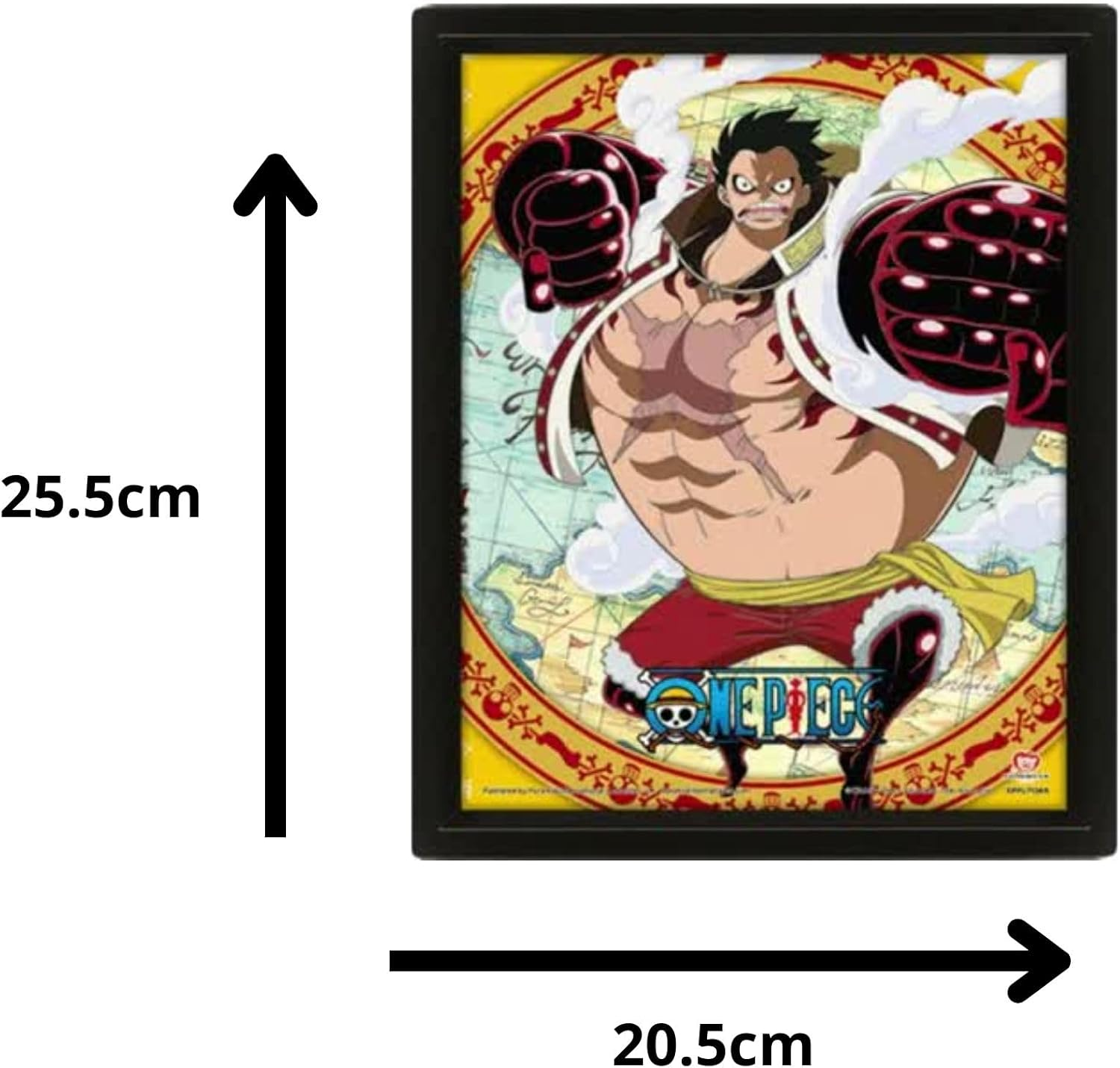 Una obra de arte enmarcada de One Piece con Luffy, con dimensiones, frente a un fondo de mapa.