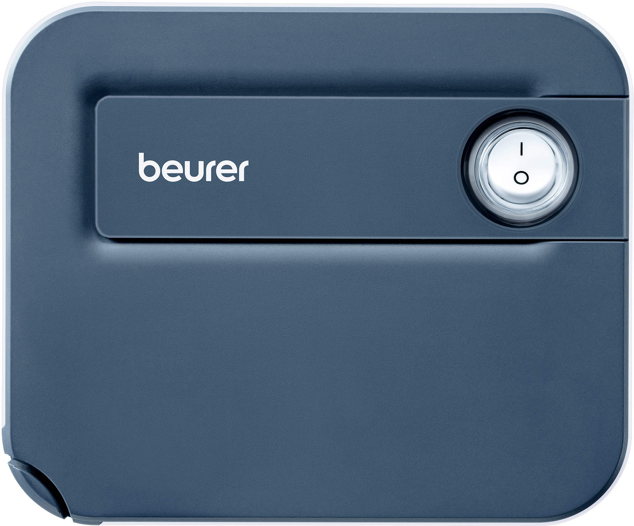 Un appareil Beurer bleu et gris. Il y a un bouton marche/arrêt en haut.