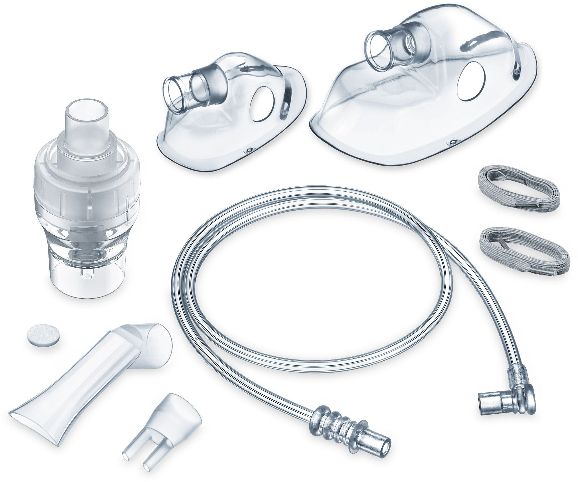 Kit de nébuliseur médical avec masques, tubes et connecteurs en plastique transparent.