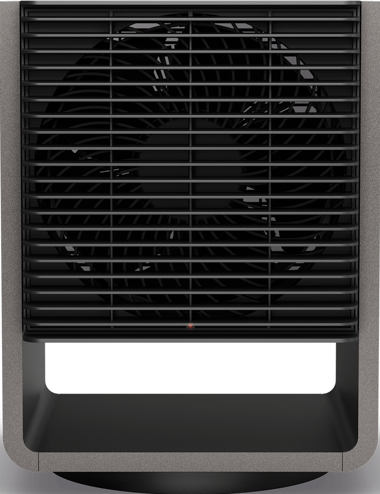Schwarzer und grauer Turmventilator; eine Nahaufnahme. Der Lüfter ist ausgeschaltet.